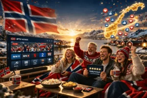 Norsk familie ser IPTV Norge på Smart TV med norske kanaler i stua