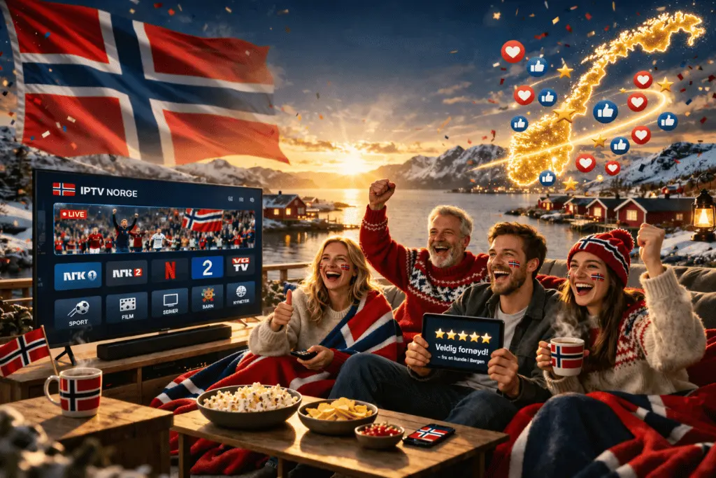 Norsk familie ser IPTV Norge på Smart TV med norske kanaler i stua